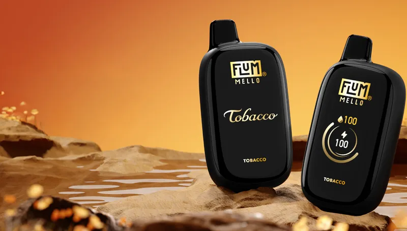 FLUM MELLO Tobacco disposable vape devices, shown prominently in the foreground.