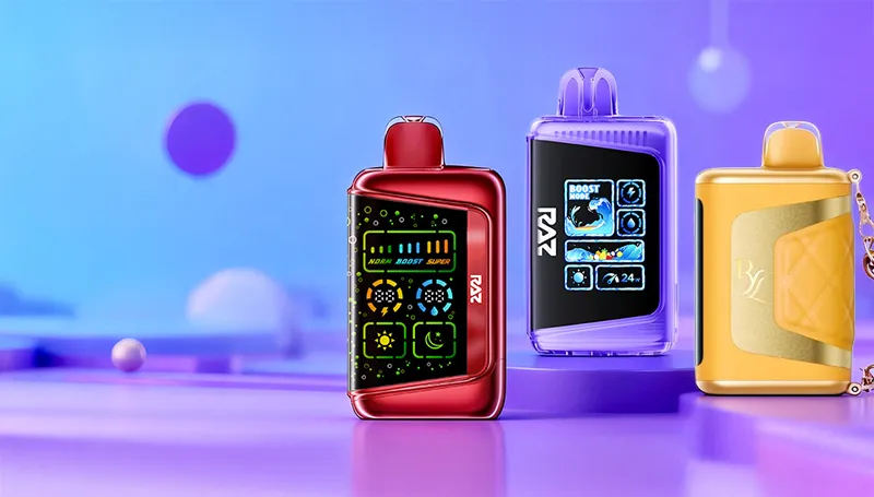 Colorful RAZ vapes showcased with vibrant lighting